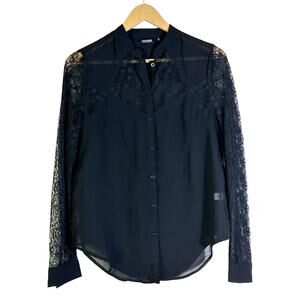 Tildon Black Lace Button Down Top Womens XS Sheer Long Sleeve Romantic Goth